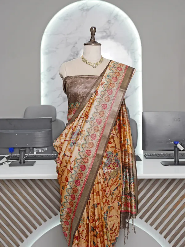 Soft_Tussar_Silk_sarees_with_Beautiful_Digital_Print_With_Attractive_Border_And_Contrast_Print_Blouse_With_Tassels