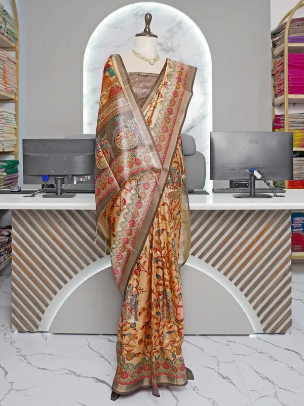 Soft_Tussar_Silk_sarees_with_Beautiful_Digital_Print_With_Attractive_Border_And_Contrast_Print_Blouse_With_Tassels