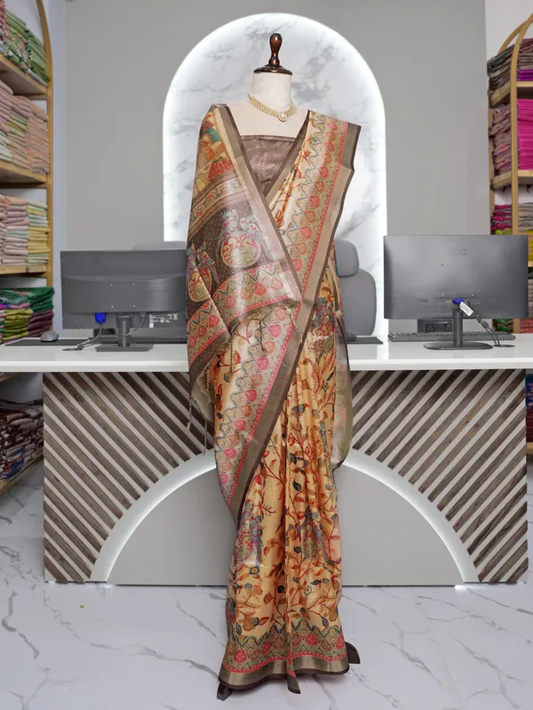 Soft_Tussar_Silk_sarees_with_Beautiful_Digital_Print_With_Attractive_Border_And_Contrast_Print_Blouse_With_Tassels
