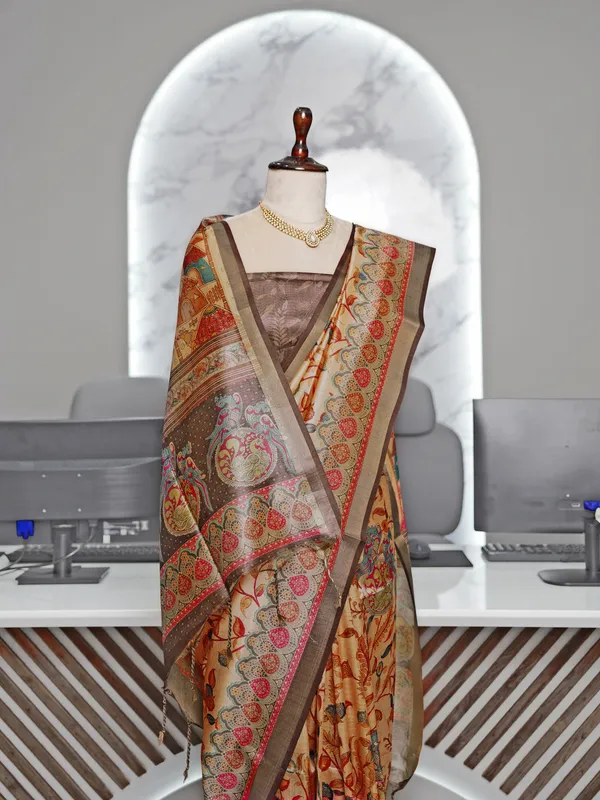 Soft_Tussar_Silk_sarees_with_Beautiful_Digital_Print_With_Attractive_Border_And_Contrast_Print_Blouse_With_Tassels