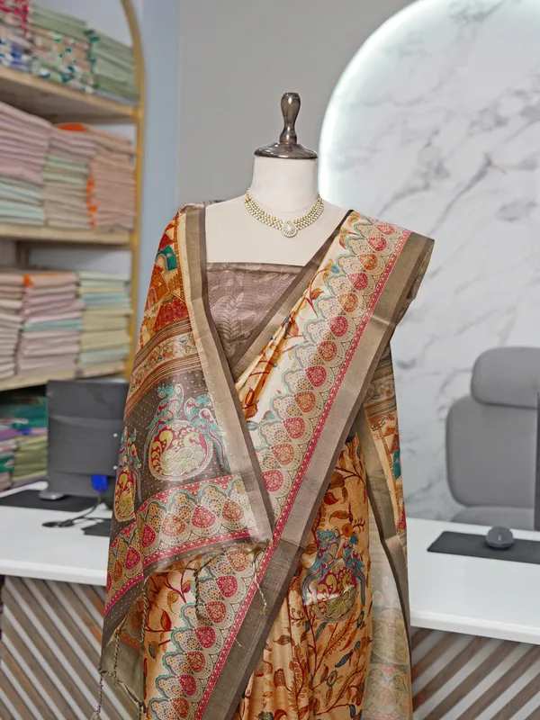 Soft_Tussar_Silk_sarees_with_Beautiful_Digital_Print_With_Attractive_Border_And_Contrast_Print_Blouse_With_Tassels