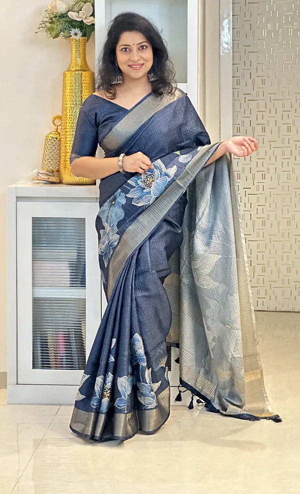 Soft_Tussar_Silk_sarees_with_Beautiful_Digital_Print_With_Attractive_Checks_Design_Saree_And_Digital_Print_Blouse_With_Tassels