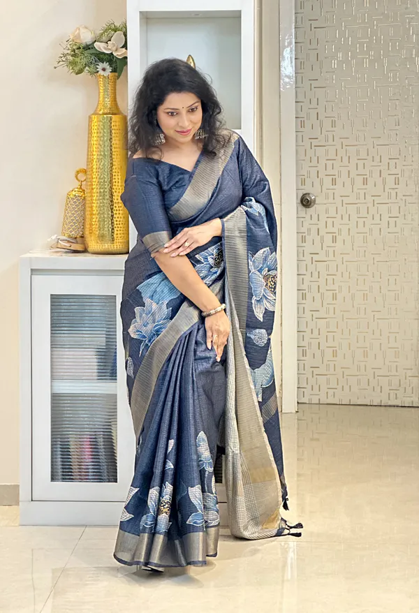Soft_Tussar_Silk_sarees_with_Beautiful_Digital_Print_With_Attractive_Checks_Design_Saree_And_Digital_Print_Blouse_With_Tassels