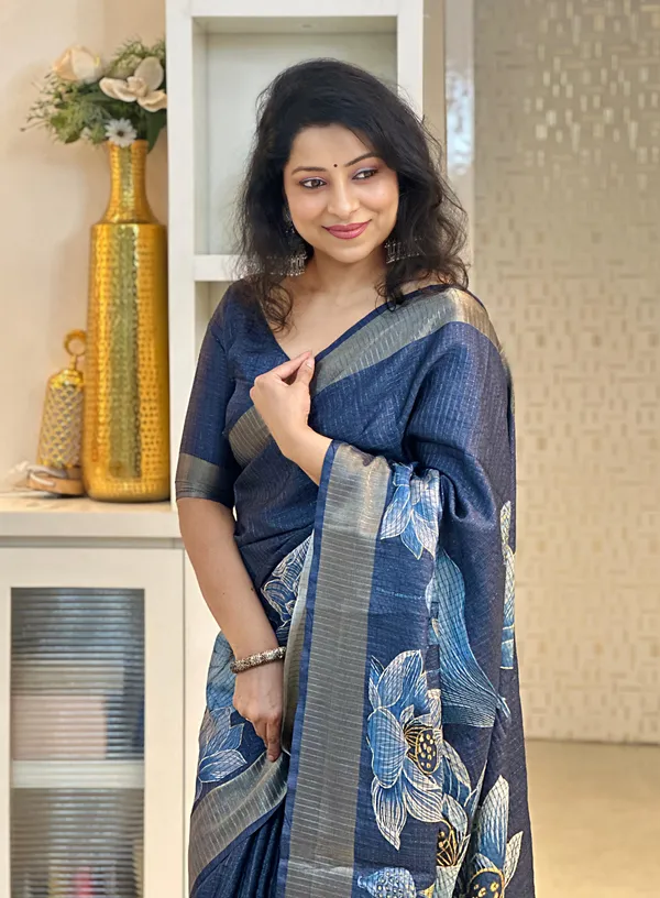 Soft_Tussar_Silk_sarees_with_Beautiful_Digital_Print_With_Attractive_Checks_Design_Saree_And_Digital_Print_Blouse_With_Tassels