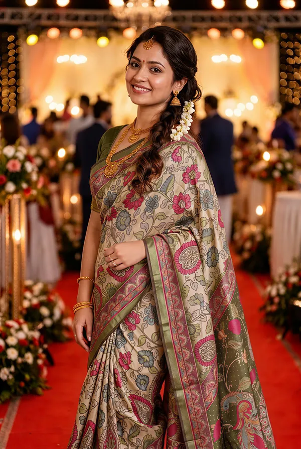 Shakti_Mehendi_Green_–_Powerful_Navratri_Special_|_Soft_Tussar_Silk_Saree_with_Digital_Print,_Border_&_Contrast_Print_Blouse_with_Tassels