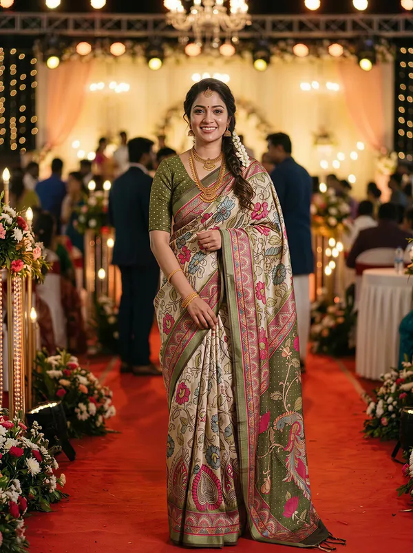 Shakti_Mehendi_Green_–_Powerful_Navratri_Special_|_Soft_Tussar_Silk_Saree_with_Digital_Print,_Border_&_Contrast_Print_Blouse_with_Tassels