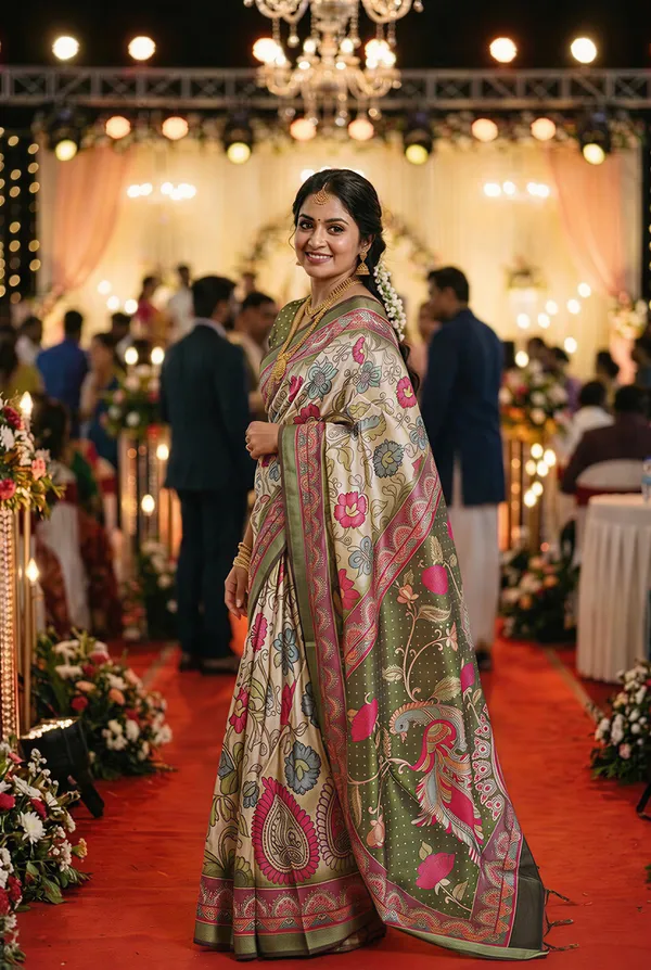 Shakti_Mehendi_Green_–_Powerful_Navratri_Special_|_Soft_Tussar_Silk_Saree_with_Digital_Print,_Border_&_Contrast_Print_Blouse_with_Tassels
