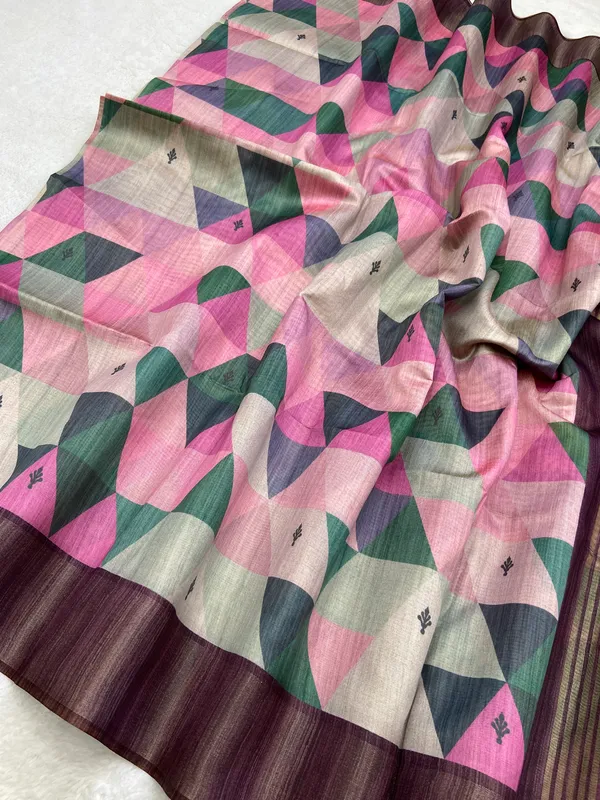 Soft_Tussar_Silk_sarees_with_Beautiful_Print_With_Attractive_Border_And_Contrast_Print_Blouse_With_Tassels