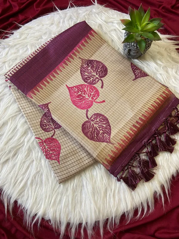 Soft_Tussar_Silk_sarees_with_Beautiful_Digital_Print_With_Attractive_Checks_Design_Saree_And_Digital_Print_Blouse_With_Tassels