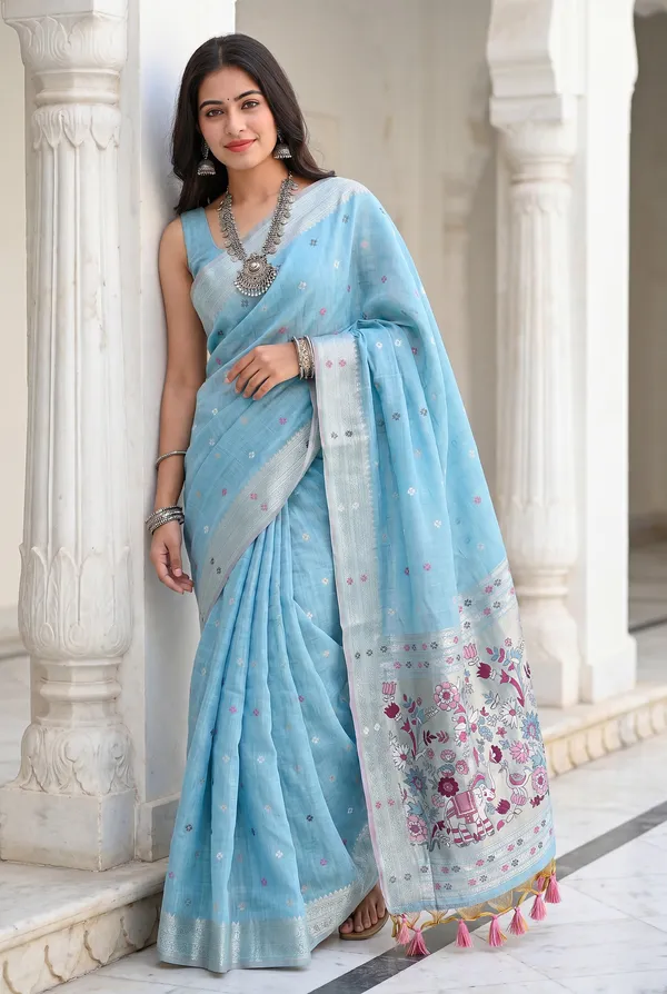Gowri_Sky_Blue_–_Divine_Wedding_Special_|_Premium_Soft_Muga_Cotton_Paithani_Saree_with_Colourful_3D_Woven_Elephant_Design_Pallu