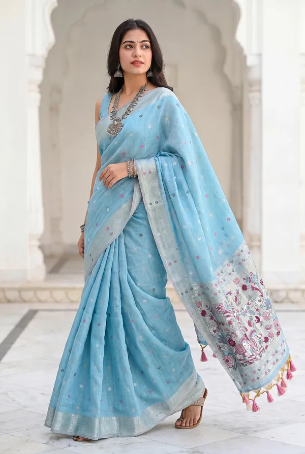 Gowri_Sky_Blue_–_Divine_Wedding_Special_|_Premium_Soft_Muga_Cotton_Paithani_Saree_with_Colourful_3D_Woven_Elephant_Design_Pallu