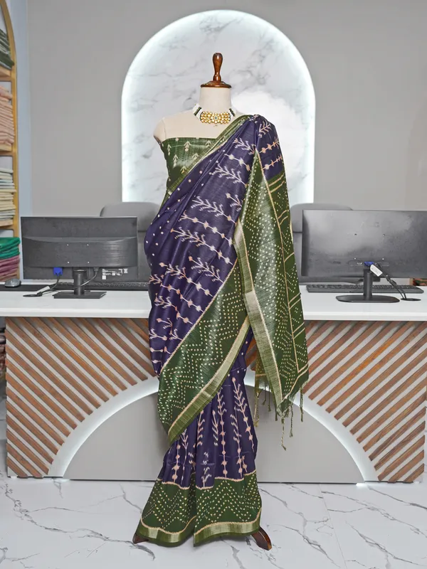Soft_Tussar_Silk_sarees_with_Beautiful_Digital_Print_With_Attractive_Border_And_Contrast_Print_Blouse_With_Tassels