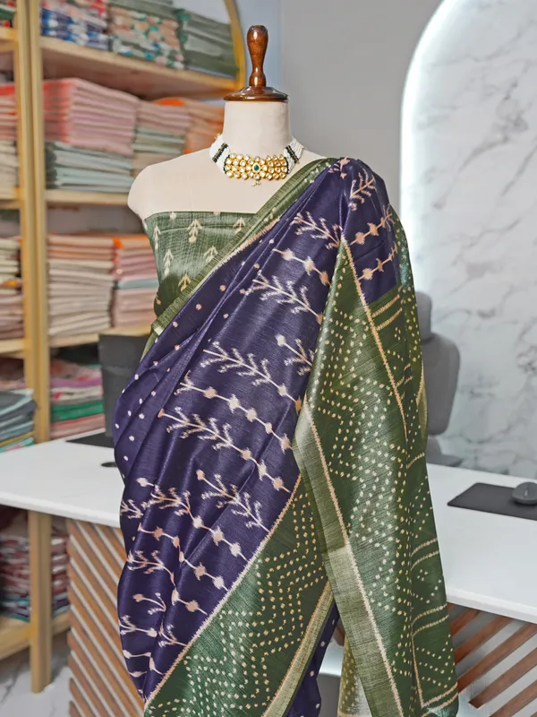 Soft_Tussar_Silk_sarees_with_Beautiful_Digital_Print_With_Attractive_Border_And_Contrast_Print_Blouse_With_Tassels