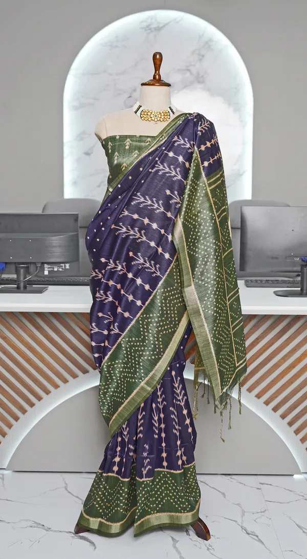 Soft_Tussar_Silk_sarees_with_Beautiful_Digital_Print_With_Attractive_Border_And_Contrast_Print_Blouse_With_Tassels