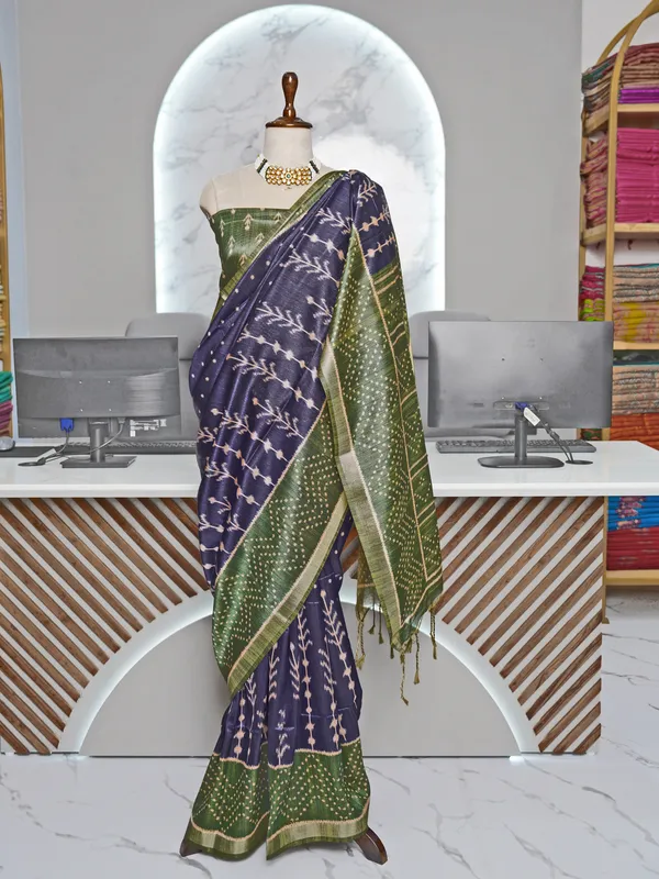 Soft_Tussar_Silk_sarees_with_Beautiful_Digital_Print_With_Attractive_Border_And_Contrast_Print_Blouse_With_Tassels
