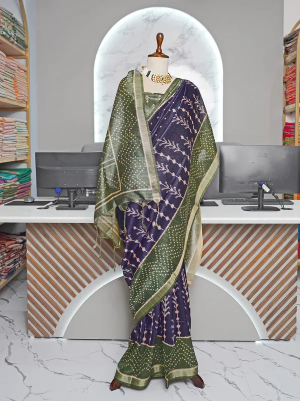 Soft_Tussar_Silk_sarees_with_Beautiful_Digital_Print_With_Attractive_Border_And_Contrast_Print_Blouse_With_Tassels