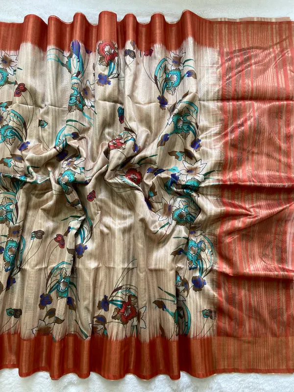 Soft_Tussar_Silk_sarees_with_BeautifulDigital_Print_With_Attractive_Pallu_&_Zari_Border_And_Contrast__Digital_Print_Blouse_With_Tassels