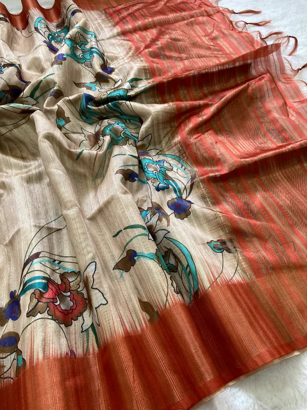 Soft_Tussar_Silk_sarees_with_BeautifulDigital_Print_With_Attractive_Pallu_&_Zari_Border_And_Contrast__Digital_Print_Blouse_With_Tassels