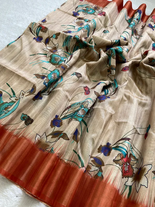 Soft_Tussar_Silk_sarees_with_BeautifulDigital_Print_With_Attractive_Pallu_&_Zari_Border_And_Contrast__Digital_Print_Blouse_With_Tassels