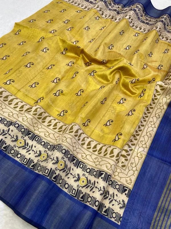 Soft_Tussar_Silk_sarees_with_Beautiful_Print_With_Attractive_Border_And_Contrast_Print_Blouse_With_Tassels