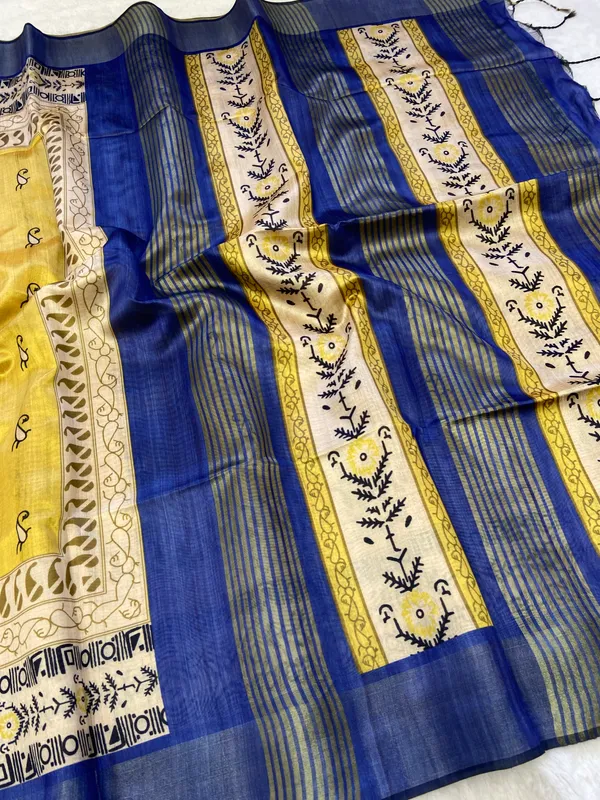 Soft_Tussar_Silk_sarees_with_Beautiful_Print_With_Attractive_Border_And_Contrast_Print_Blouse_With_Tassels