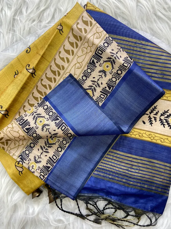 Soft_Tussar_Silk_sarees_with_Beautiful_Print_With_Attractive_Border_And_Contrast_Print_Blouse_With_Tassels