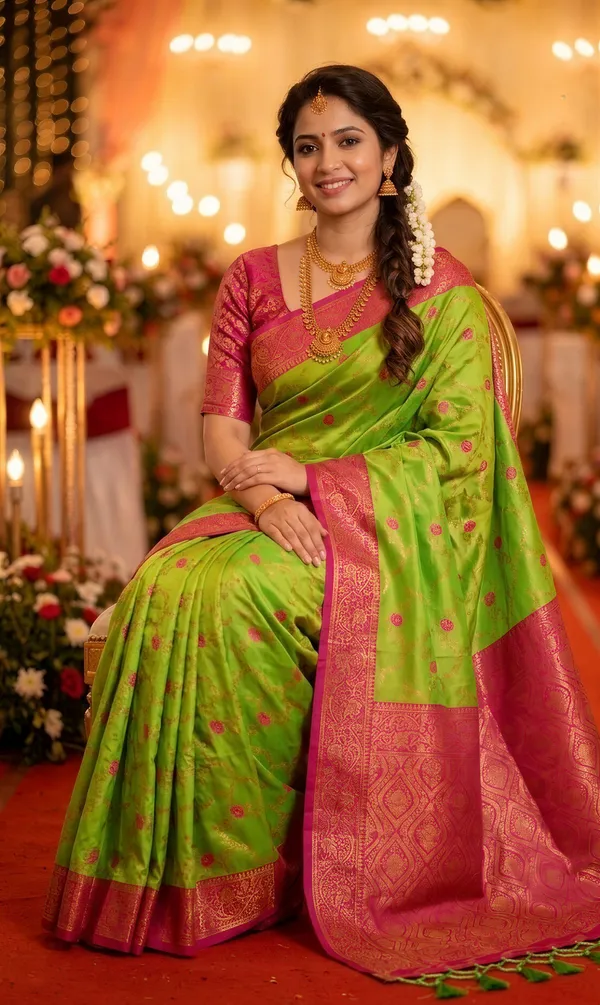 Gunjal_Parrot_Green_–_Wedding_Special_|_Premium_Soft_Paithani_Silk_Saree_with_Weaving_Pattern,_Rich_Pallu_&_Border_&_Weaving_Blouse_with_Tassels