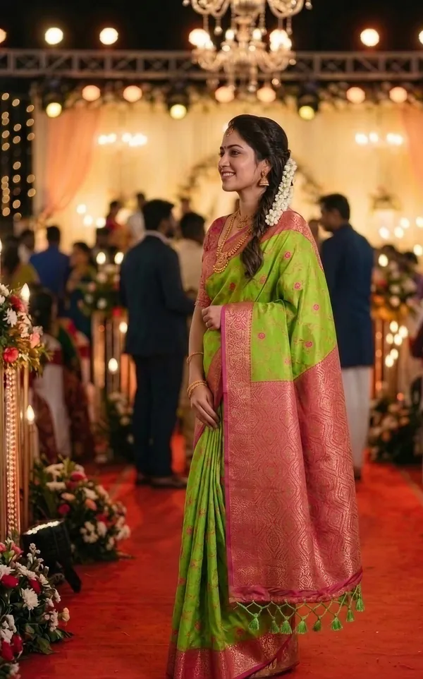Gunjal_Parrot_Green_–_Wedding_Special_|_Premium_Soft_Paithani_Silk_Saree_with_Weaving_Pattern,_Rich_Pallu_&_Border_&_Weaving_Blouse_with_Tassels