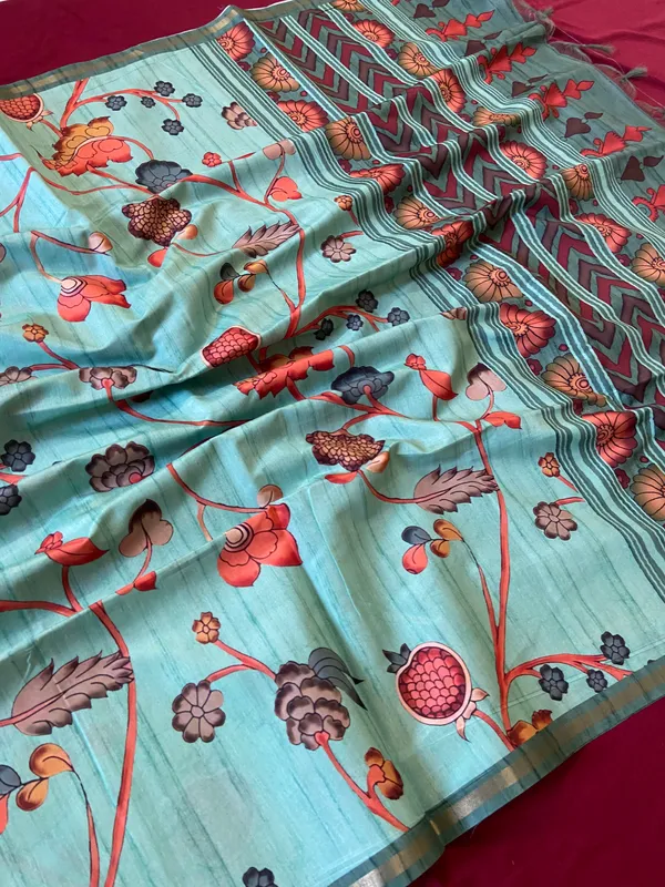 Soft_Tussar_Silk_sarees_with_Beautiful_Digital_Print_With_Attractive_Border_And_Contrast_Print_Blouse_With_Tassels