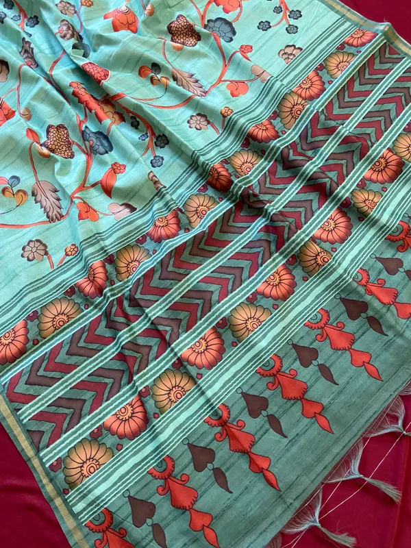 Soft_Tussar_Silk_sarees_with_Beautiful_Digital_Print_With_Attractive_Border_And_Contrast_Print_Blouse_With_Tassels