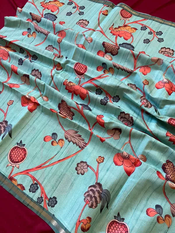 Soft_Tussar_Silk_sarees_with_Beautiful_Digital_Print_With_Attractive_Border_And_Contrast_Print_Blouse_With_Tassels