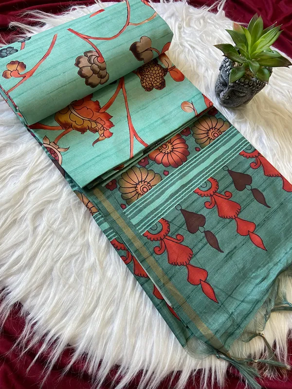Soft_Tussar_Silk_sarees_with_Beautiful_Digital_Print_With_Attractive_Border_And_Contrast_Print_Blouse_With_Tassels