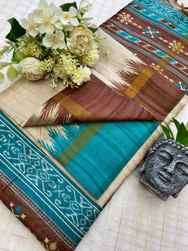 Vamika_Coffee_Brown_&_Rama_Green_–_Divine_Navratri_Special_|_Soft_Tussar_Silk_Saree_with_Print,_Border_&_Contrast_Print_Blouse_with_Tassels