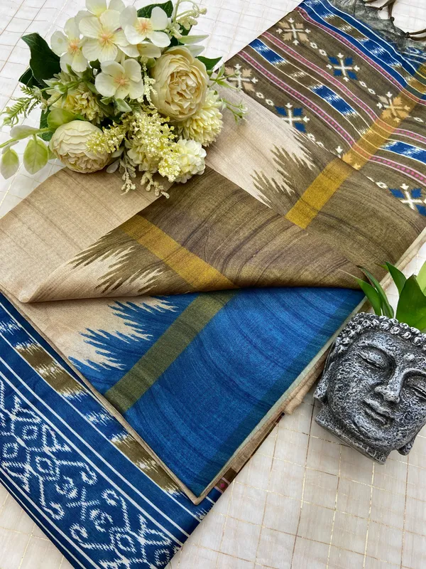 Vamika_Mehendi_Green_&_Blue_–_Divine_Navratri_Special_|_Soft_Tussar_Silk_Saree_with_Print,_Border_&_Contrast_Print_Blouse_with_Tassels