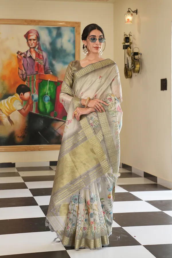 Soft_Tissue_Silk_sarees_with_Beautiful_Digital_Print_With_Attractive_Border_&_Rich_Pallu_With_Sequence_And_Contrast_Print_Blouse_With_Tassels