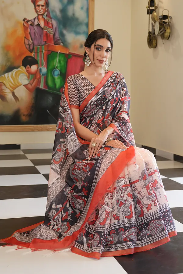 Radha_Rani_Red_–_Zari_Line_Aesthetic_Edit_for_You_|_Soft_Chanderi_Cotton_Saree_with_Digital_Print,_Zari_Line_Saree_&_Digital_Print_Blouse_with_Tassels