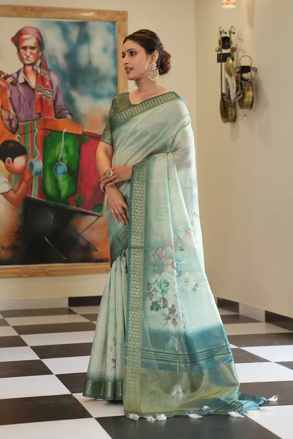 Savya_Rama_Green_–_Diwali_Special_|_Soft_Tissue_Silk_Saree_with_Digital_Print,_Border_&_Rich_Pallu,_Sequence_&_Contrast_Print_Blouse_with_Tassels