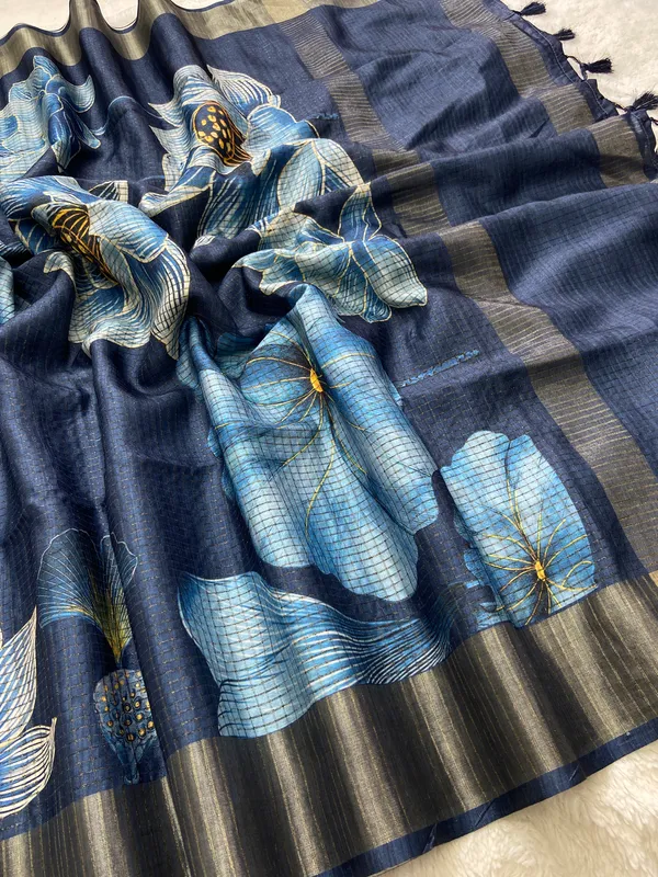 Suhasini_Blue_–_Smiling_Aesthetic_Edit_for_You_|_Soft_Tussar_Silk_Saree_with_Digital_Print,_Checks_Design_Saree_&_Digital_Print_Blouse_with_Tassels