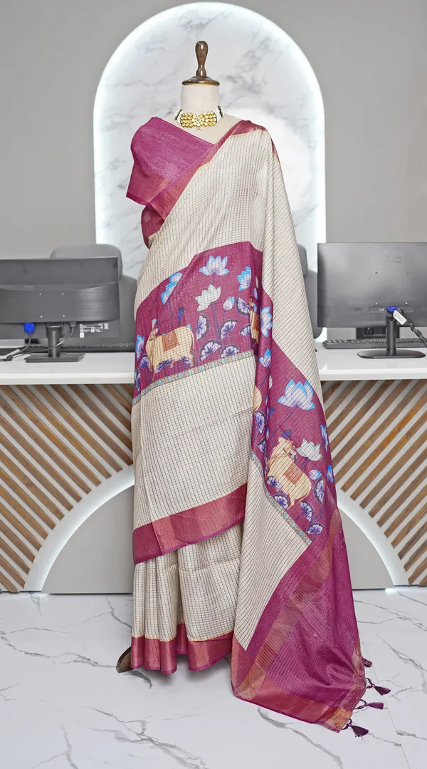 Soft_Tussar_Silk_sarees_with_Beautiful_Digital_Print_With_Attractive_Checks_Design_Saree_And_Digital_Print_Blouse_With_Tassels