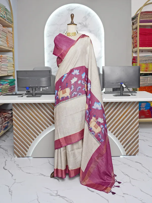 Soft_Tussar_Silk_sarees_with_Beautiful_Digital_Print_With_Attractive_Checks_Design_Saree_And_Digital_Print_Blouse_With_Tassels