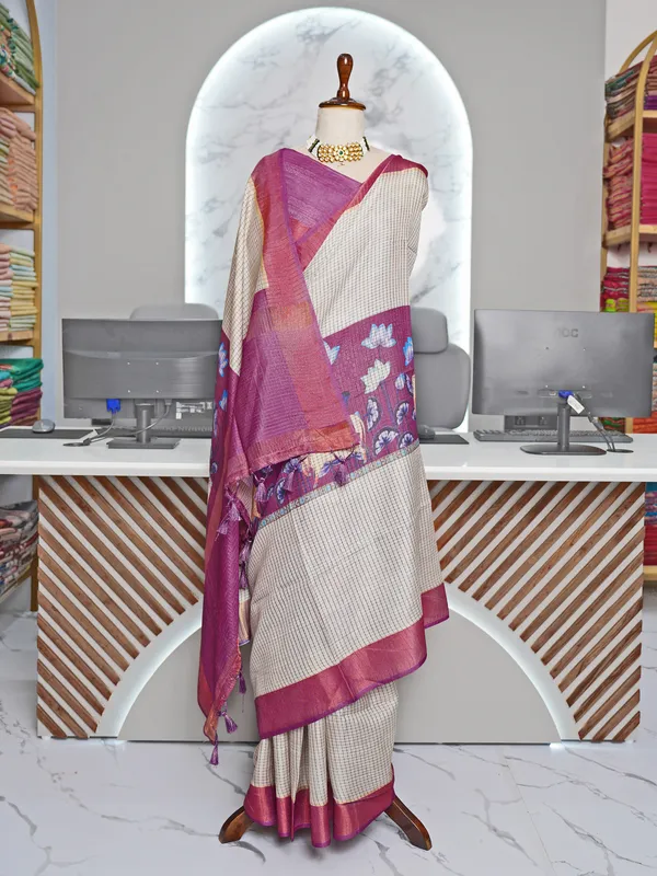 Soft_Tussar_Silk_sarees_with_Beautiful_Digital_Print_With_Attractive_Checks_Design_Saree_And_Digital_Print_Blouse_With_Tassels