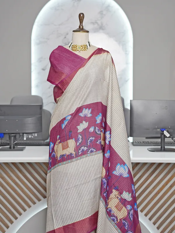 Soft_Tussar_Silk_sarees_with_Beautiful_Digital_Print_With_Attractive_Checks_Design_Saree_And_Digital_Print_Blouse_With_Tassels