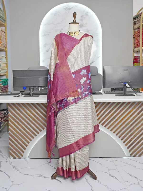 Soft_Tussar_Silk_sarees_with_Beautiful_Digital_Print_With_Attractive_Checks_Design_Saree_And_Digital_Print_Blouse_With_Tassels