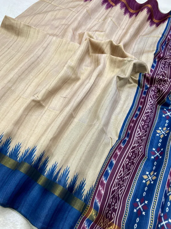 Soft_Tussar_Silk_sarees_with_Beautiful_Print_With_Attractive_Border_And_Contrast_Print_Blouse_With_Tassels