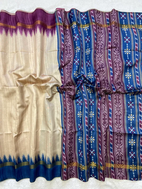 Soft_Tussar_Silk_sarees_with_Beautiful_Print_With_Attractive_Border_And_Contrast_Print_Blouse_With_Tassels