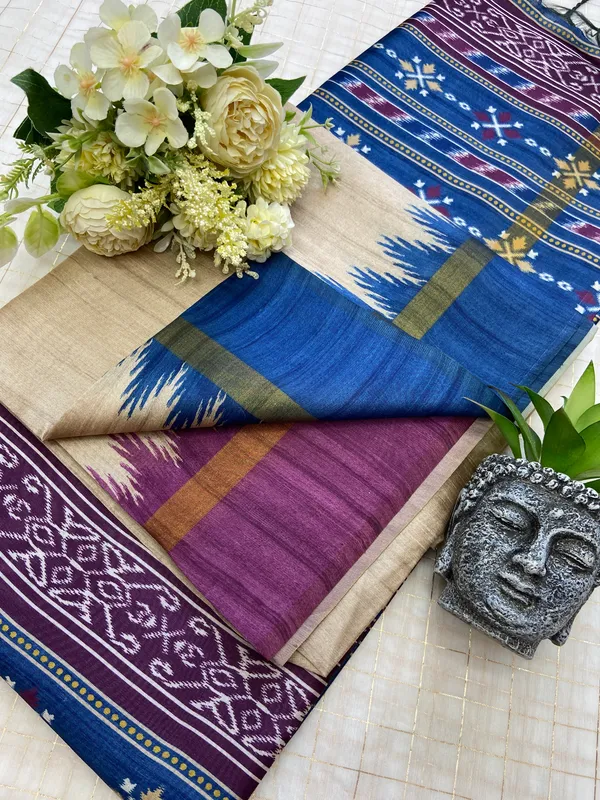 Soft_Tussar_Silk_sarees_with_Beautiful_Print_With_Attractive_Border_And_Contrast_Print_Blouse_With_Tassels