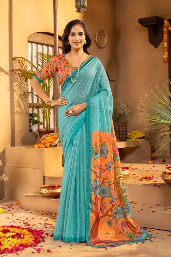 Baani_Rama_Green_–_Navratri_Special_|_Soft_Semi_Tussar_Silk_Saree_with_Digital_Print,_Border_&_Contrast_Print_Blouse_with_Tassels