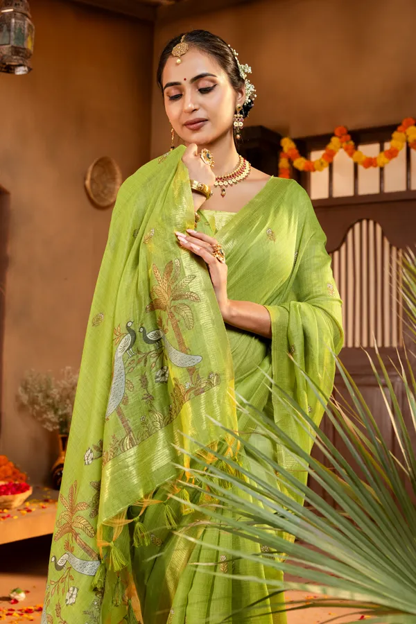 Kashish_Green_–_Alluring_Wedding_Special_|_Premium_Soft_Muga_Cotton_Saree_with_Colourful_Resham_Weaving_Peacock_Design_Pallu,_Traditional_Zari_Weaving