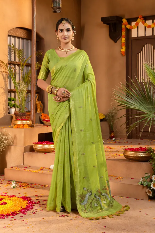 Kashish_Green_–_Alluring_Wedding_Special_|_Premium_Soft_Muga_Cotton_Saree_with_Colourful_Resham_Weaving_Peacock_Design_Pallu,_Traditional_Zari_Weaving