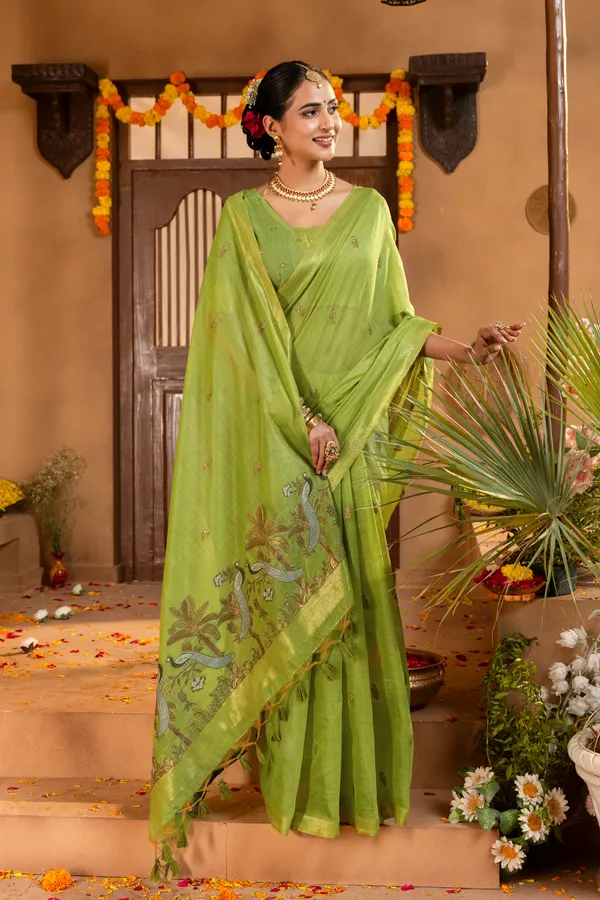 Kashish_Green_–_Alluring_Wedding_Special_|_Premium_Soft_Muga_Cotton_Saree_with_Colourful_Resham_Weaving_Peacock_Design_Pallu,_Traditional_Zari_Weaving